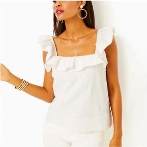 Lilly Pulitzer Zoya Ruffle Top Resort White Caliente Pucker Jacquard